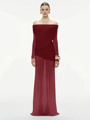 Long sleeve off-shoulder gown with structured woven finish