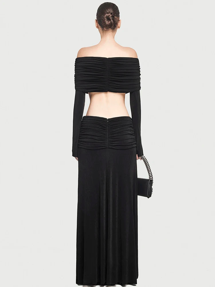 Pleated long skirt styled with a matching fitted top on a plain background