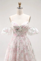 Pleated bodice detail on floral print formal gown