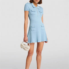 Light blue knit mini dress with four patch pockets