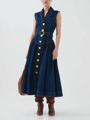 Office chic navy and gold midi dress shown for work and weekend style