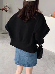 Office lady cardigan-style knit with pearls-back view