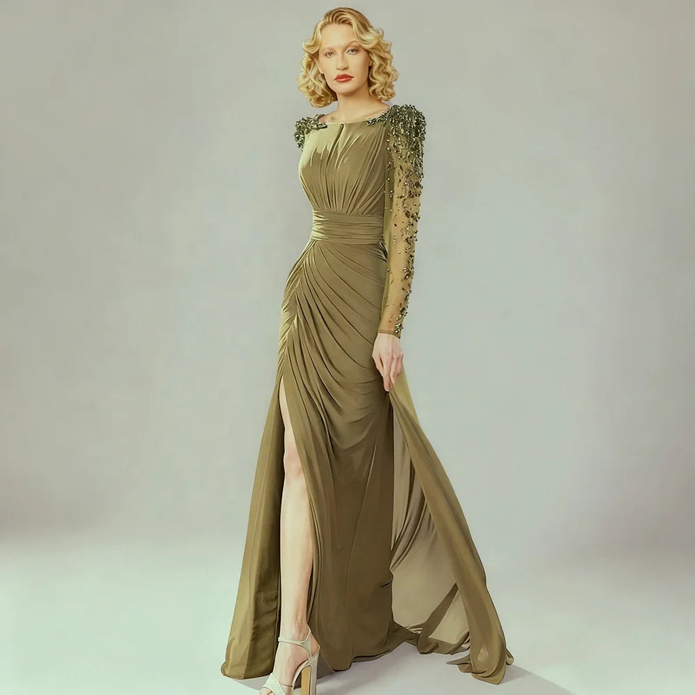 Long-sleeve draped evening gown with rhinestone embellished shoulders