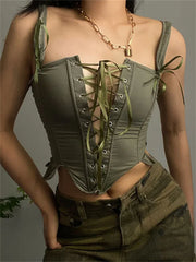 Olive lace-up corset crop top styled with cargo pants