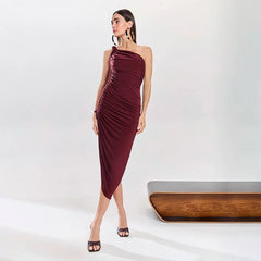 One-shoulder ruched midi dress in slim fit style