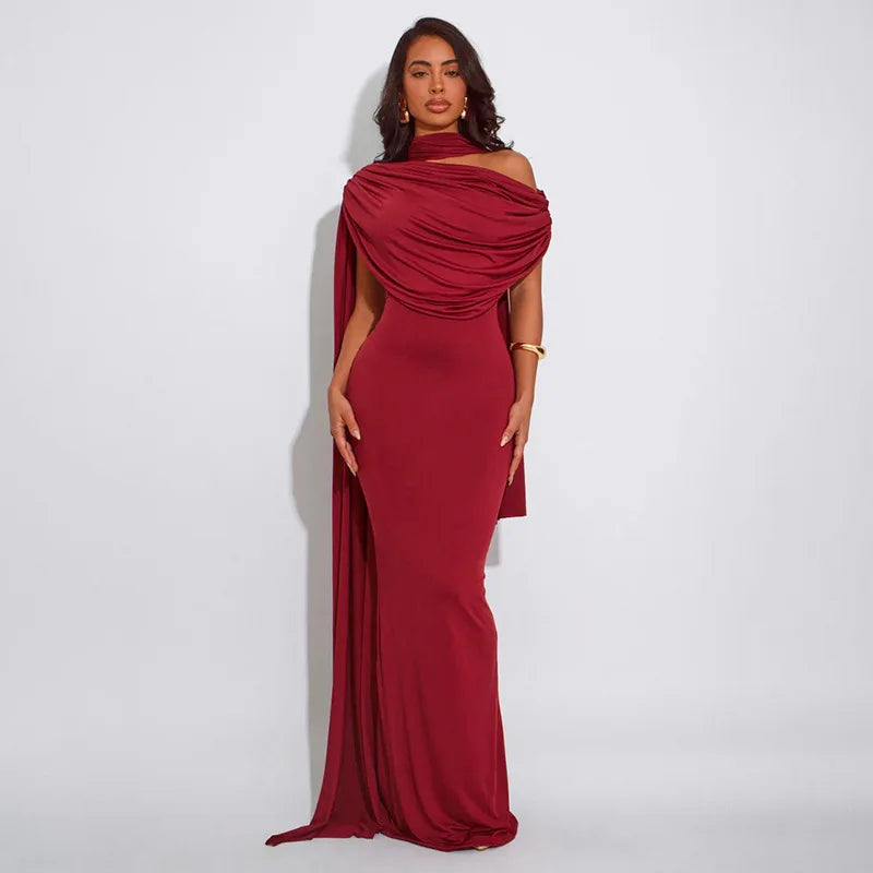 Women’s sheath maxi dress with dramatic cape