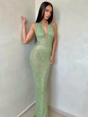 Open-back green sequin floor-length dress