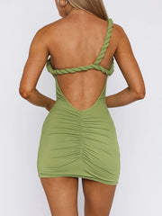 Backless green bodycon mini dress with open back and one strap