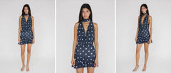 Three views of a woman wearing a navy dress with white polka dots on a white background