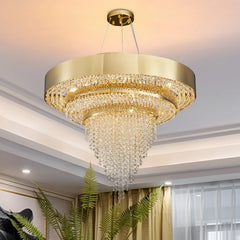 Oval gold crystal chandelier as dining room centerpiece