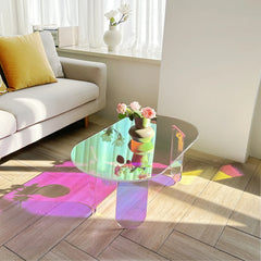 “Rainbow side table styled in bright living room with creative decor”

