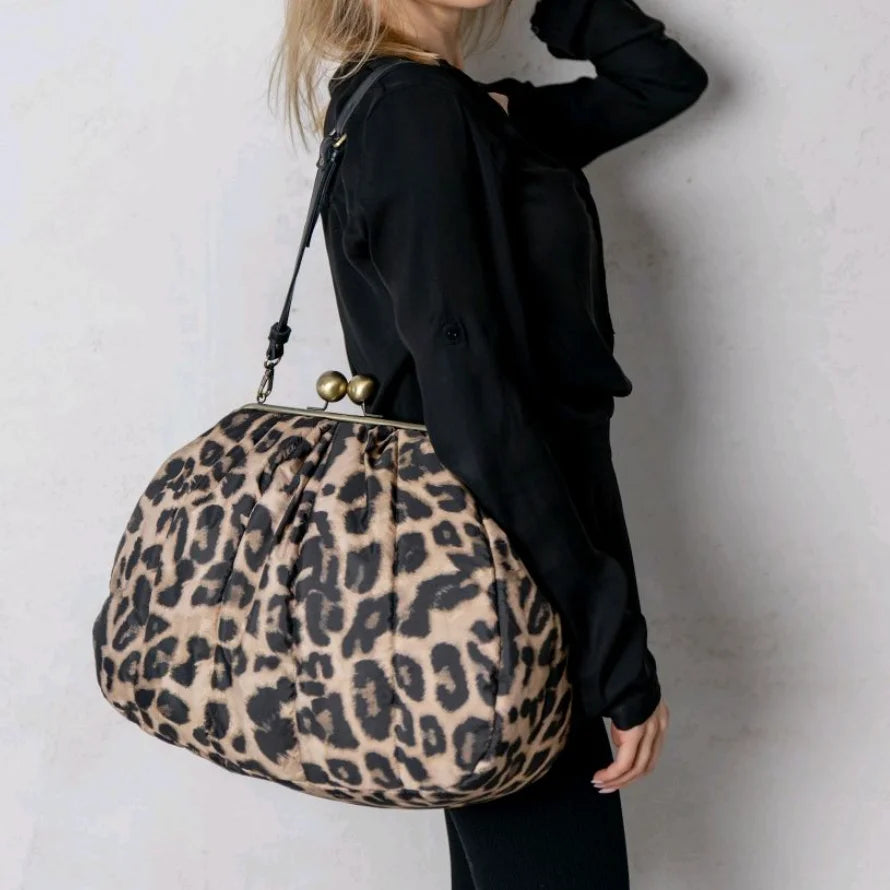 Oversized leopard print clutch with bronze kiss lock