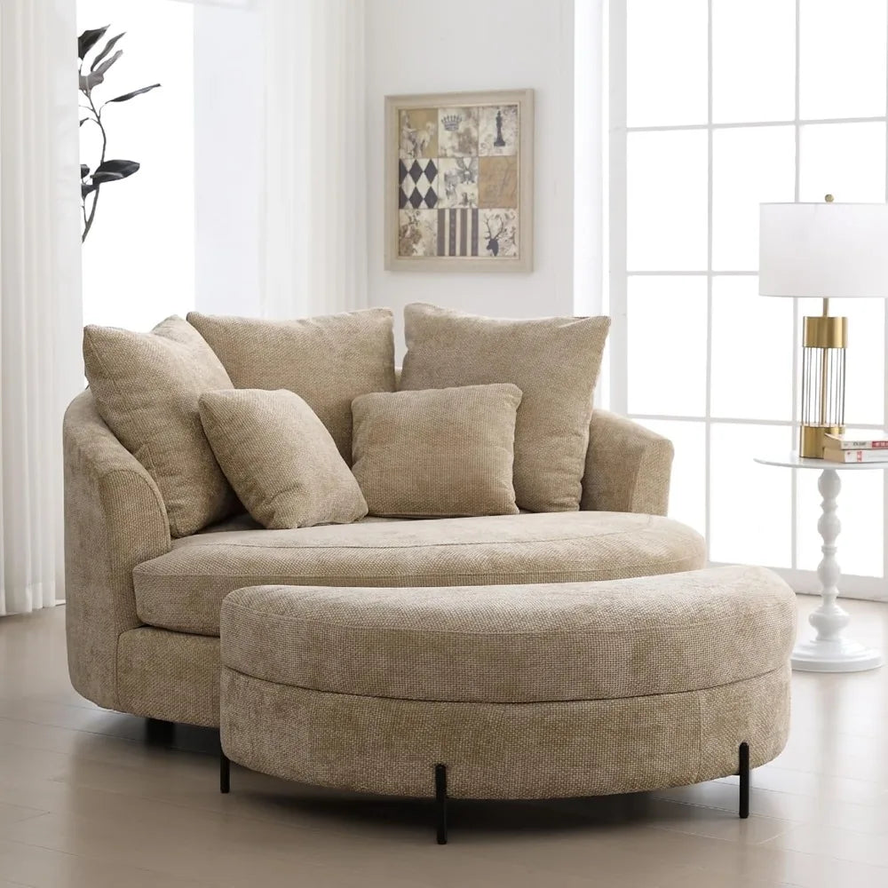 oversized round barrel chair with chenille fabric and pillows
