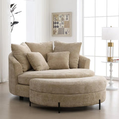 oversized round barrel chair with chenille fabric and pillows
