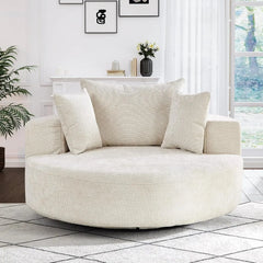 modern living room with round swivel chaise and beige upholstery
