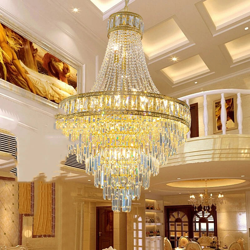 Palace grand crystal chandelier in a luxury hotel ballroom