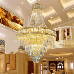 Palace grand crystal chandelier in a luxury hotel ballroom