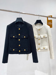 Parisian chic black gold button jacket for cropped autumn layering