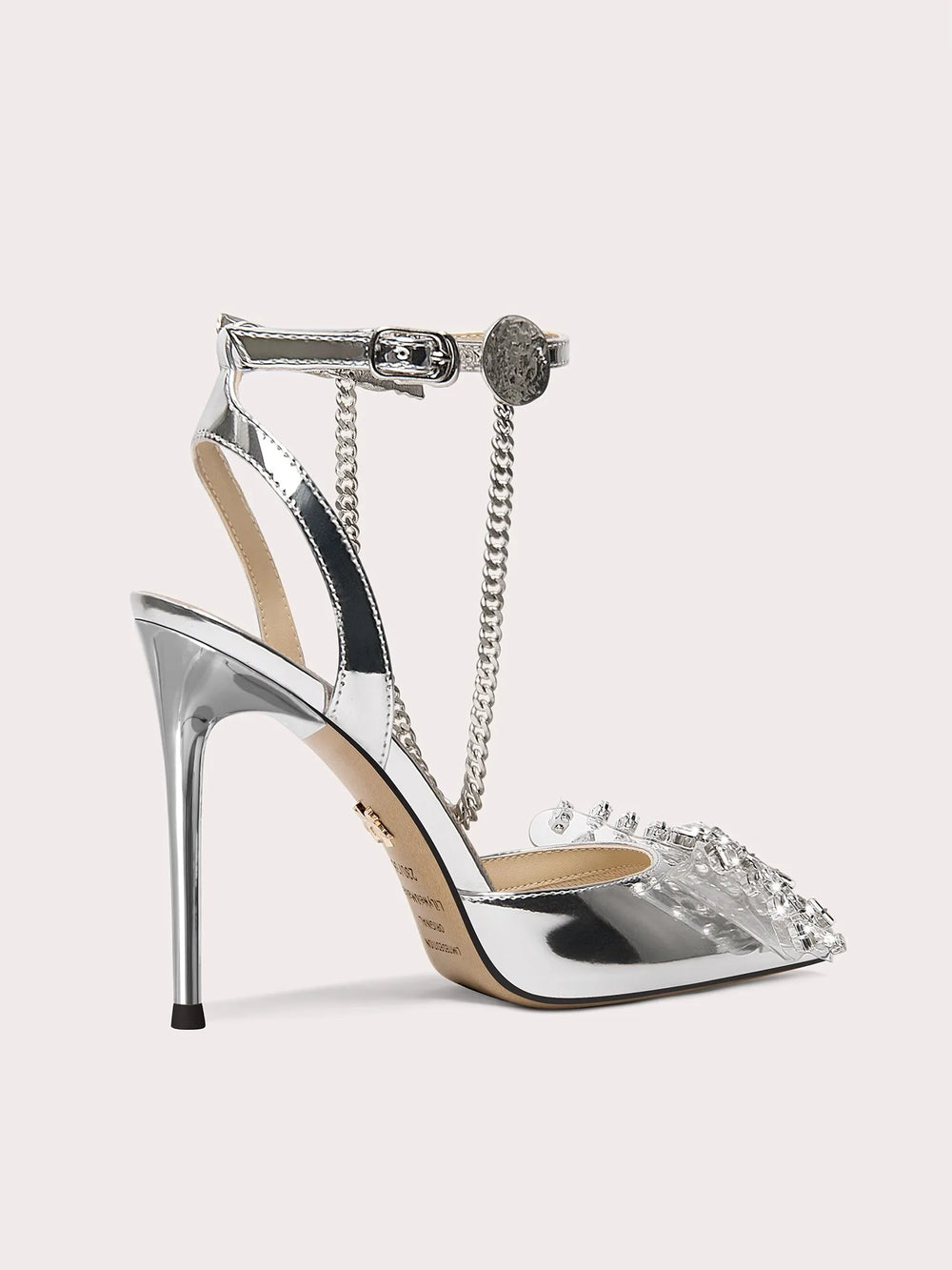 Party sandals with crystal anklet chain and metallic finish