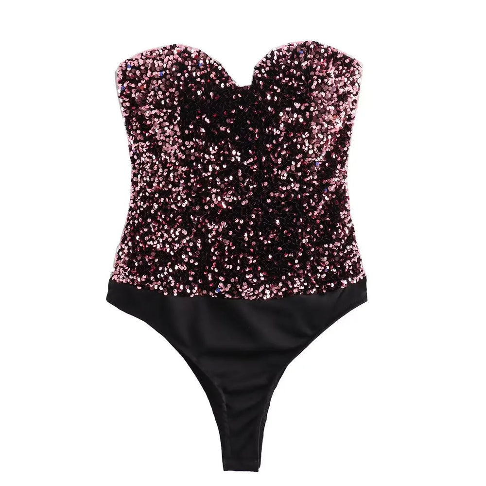 Pink shimmer strapless bodysuit.
