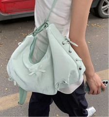 Large capacity pastel green Y2K tote bag with adjustable strap