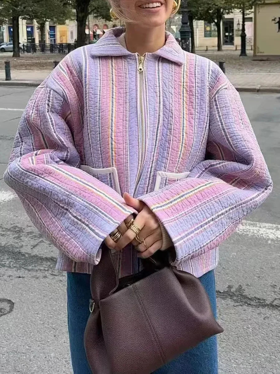 Pastel stripe patchwork jacket for women styled casually outdoors