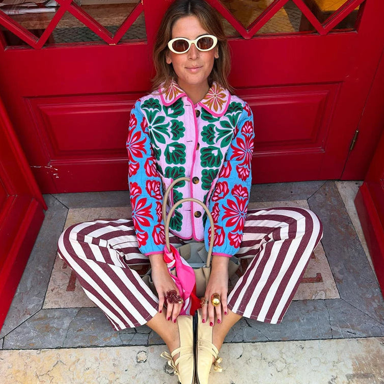 Patchwork quilted pocket jacket in colorful autumn style