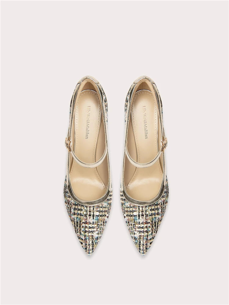 Patent leather cloth stitching high heel pumps with buckle strap