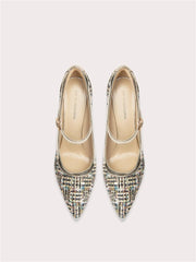 Patent leather cloth stitching high heel pumps with buckle strap