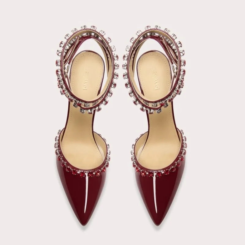 Patent leather lace-up sandals with rhinestone details