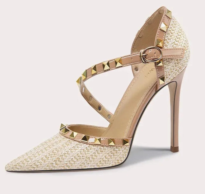 Patent leather rivet sandals with pointed toe and slim high heel