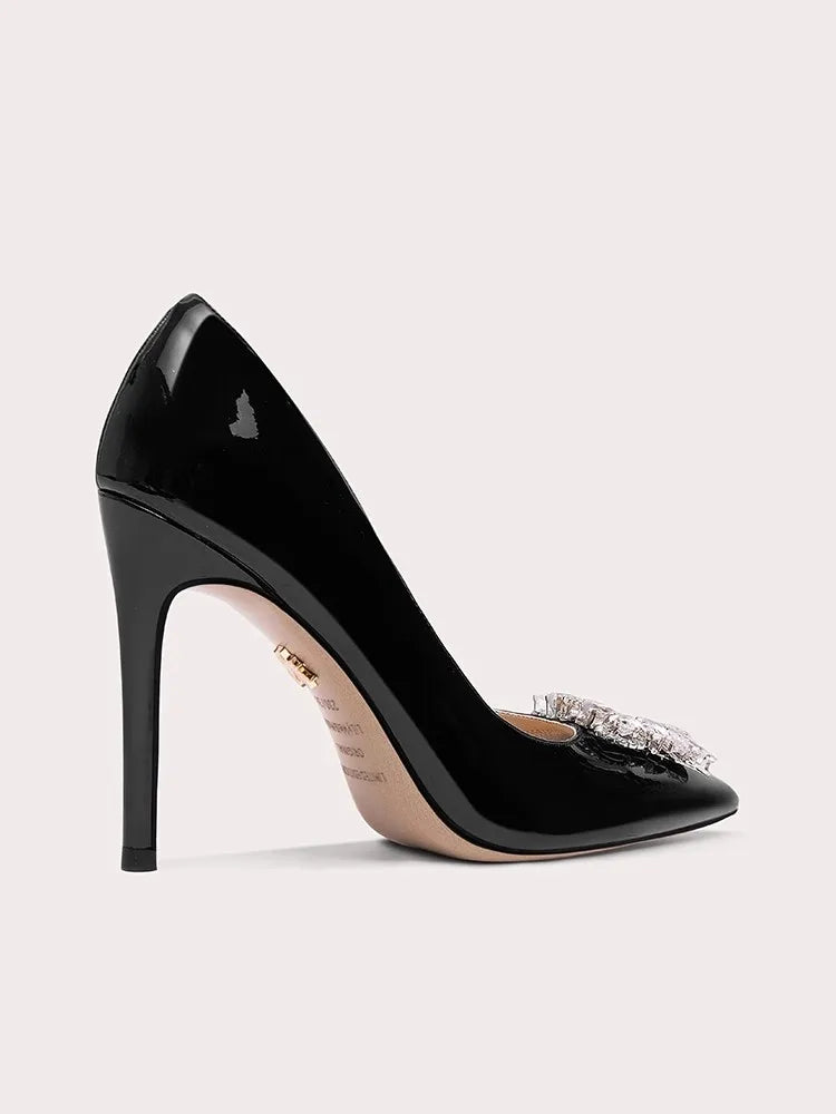 Patent pointed party pumps in black with crystal embellishment