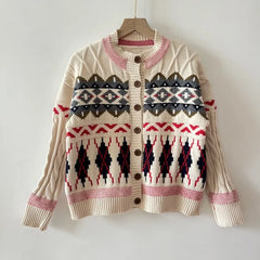 Patterned wool blend cardigan styled for autumn layering