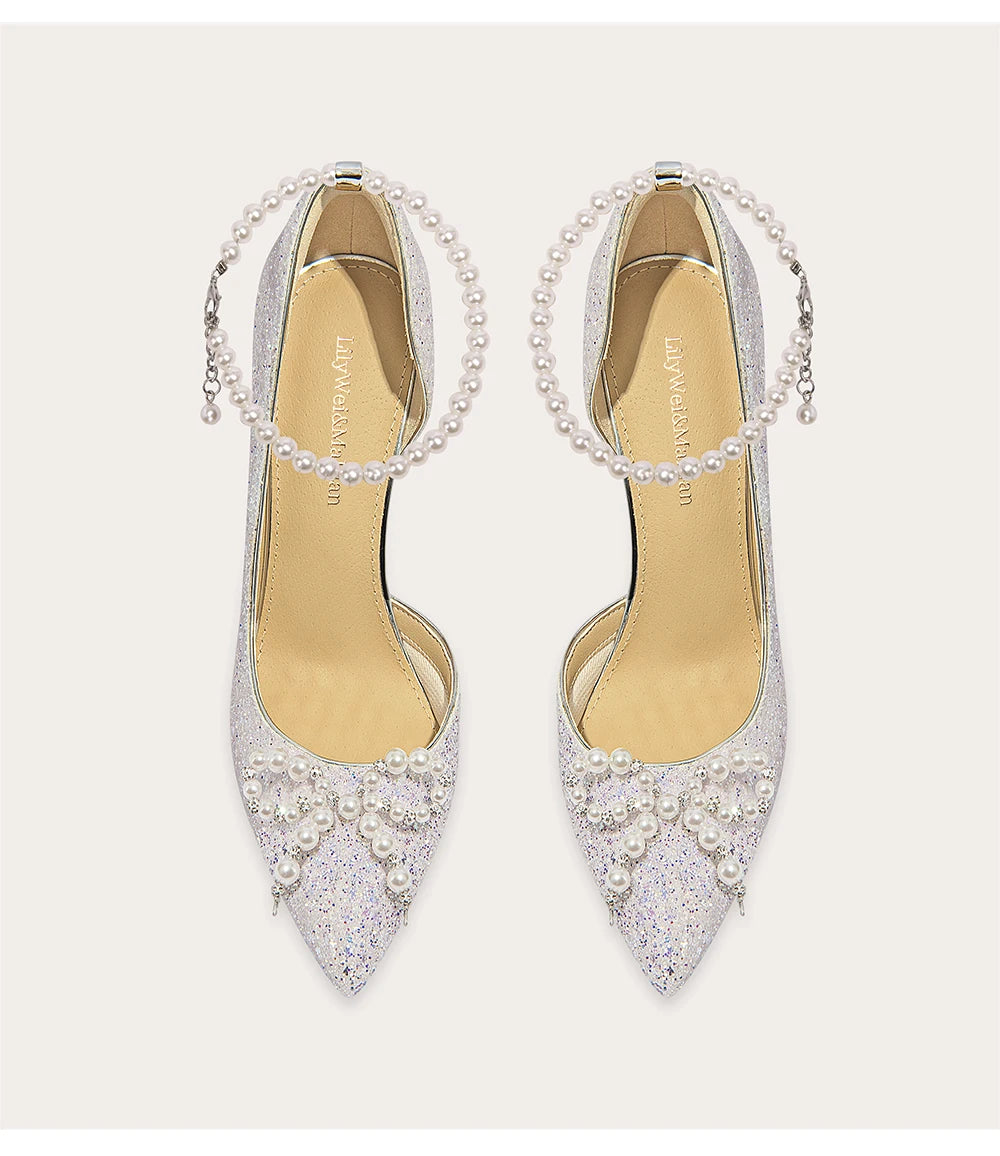 Rhinestone pointed toe wedding heels with pearl bow