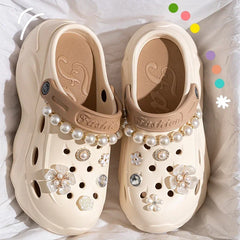 Front view of women’s pearl chain platform EVA clogs