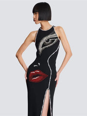 O-neck pearl and crystal beaded sleeveless bodycon gown