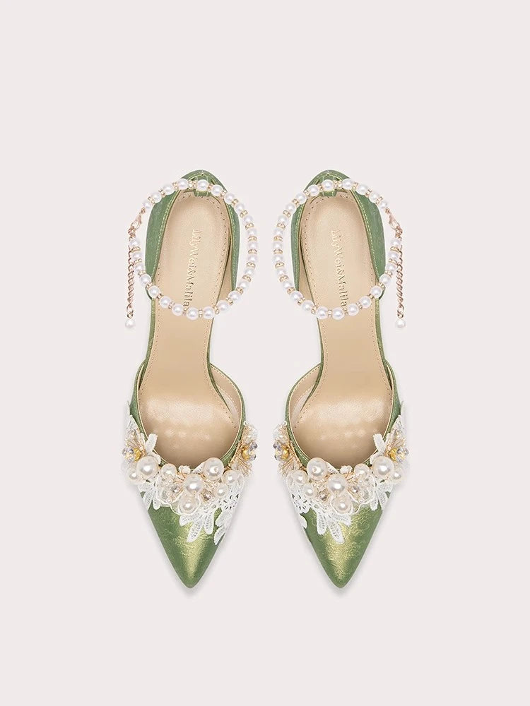 Women’s pearl lace sandals with thin high heels