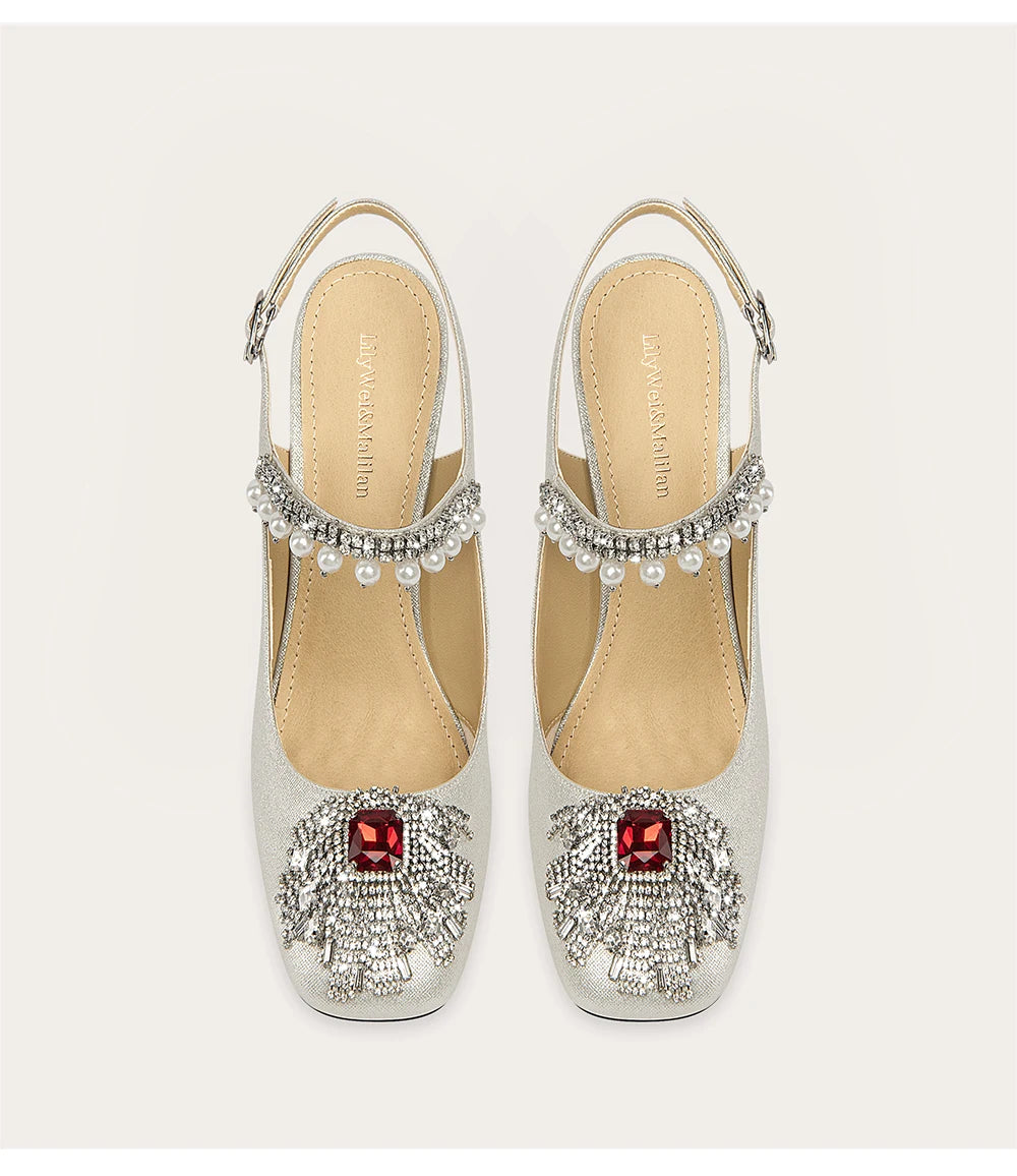 Square toe pumps with pearl rhinestone tassel detail