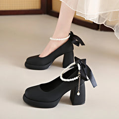 Pearl strap Mary Jane high heel pumps in beige