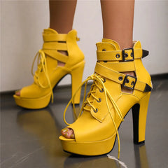 Yellow peep toe lace-up platform ankle boots