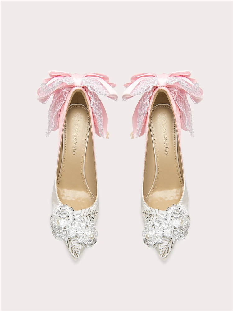 Pink bow crystal stiletto heels with butterfly-knot and embellishments