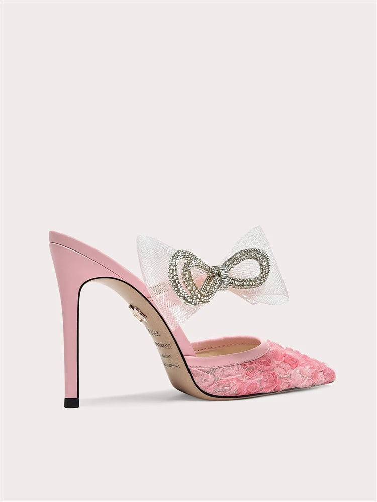 Pink bow gem high heel mules for summer parties and street style