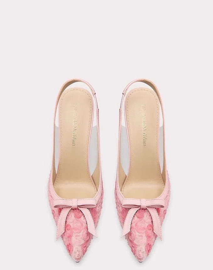 Pink floral bow slingback heels for weddings and modern events