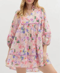 Pink floral puff sleeve mini dress with empire waist and A-line shape