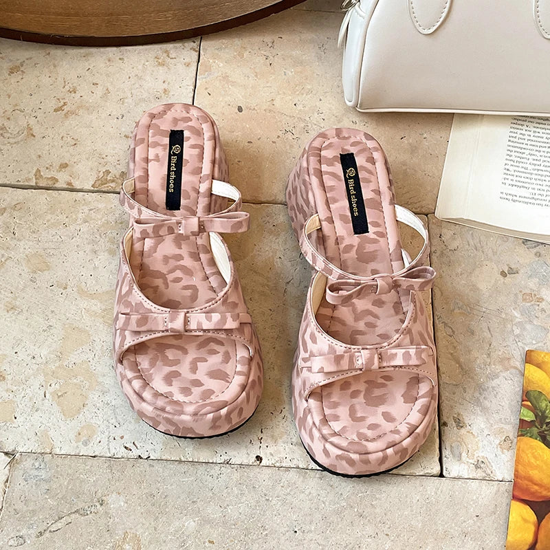 Pink leopard print wedge platform slides for women