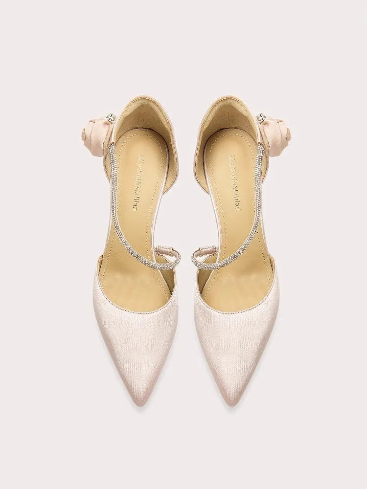 Pink silk sandals with pearl and rhinestone flower accents