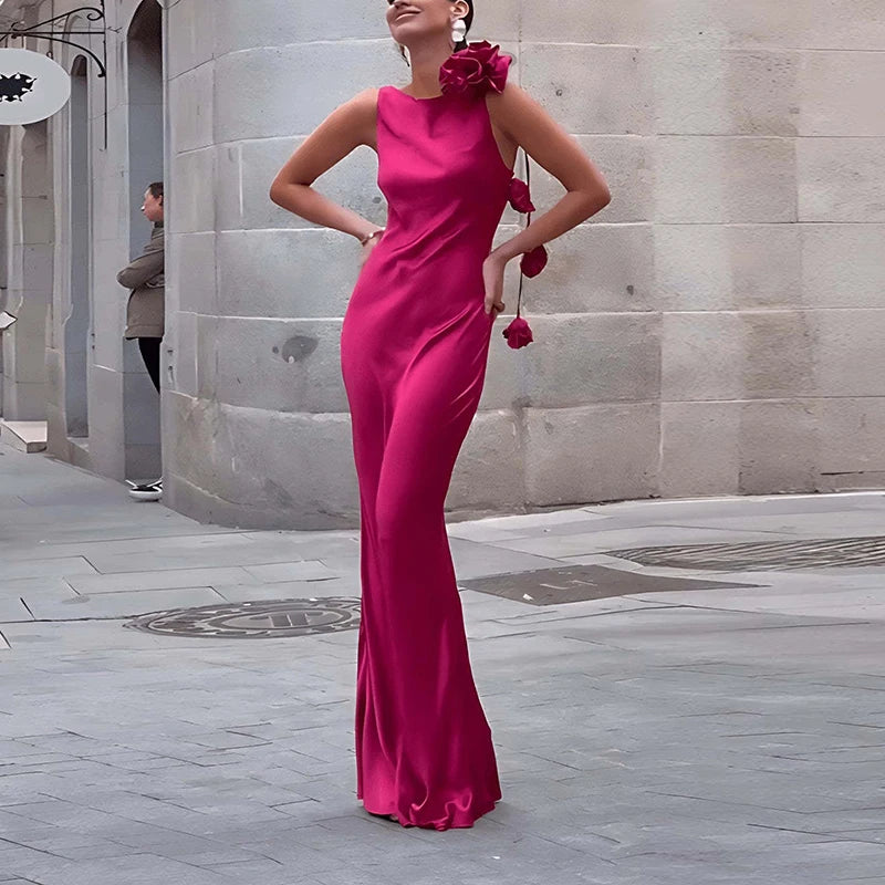 Pink satin maxi dress with 3D flower strap