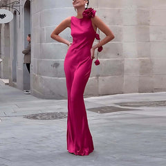 Pink satin maxi dress with 3D flower strap