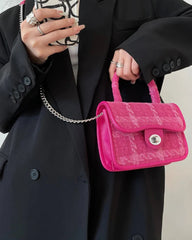 Fashion ladies pink tweed chain strap crossbody purse