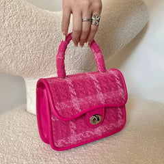 Pink tweed knitting square shoulder and crossbody bag with chain detail